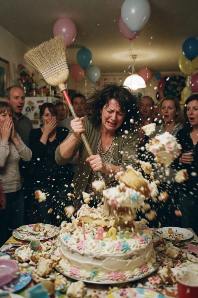 Donna distrugge torta compleanno rabbia