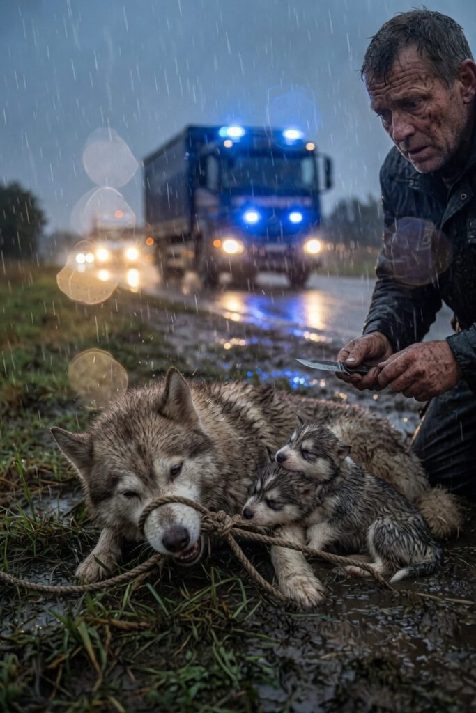 Madre husky salva cuccioli pioggia
