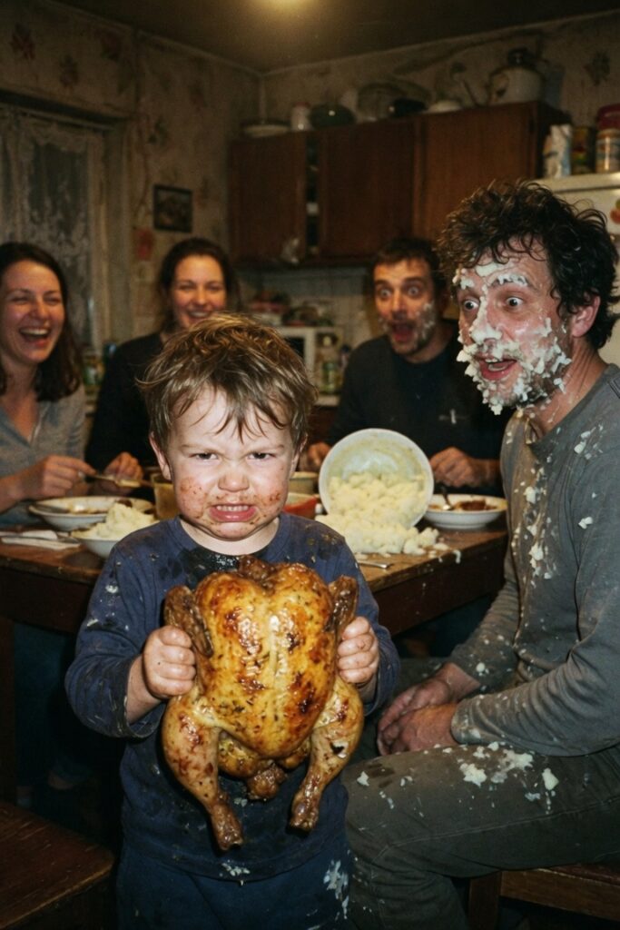 Bambino difende pollo arrosto divertente
