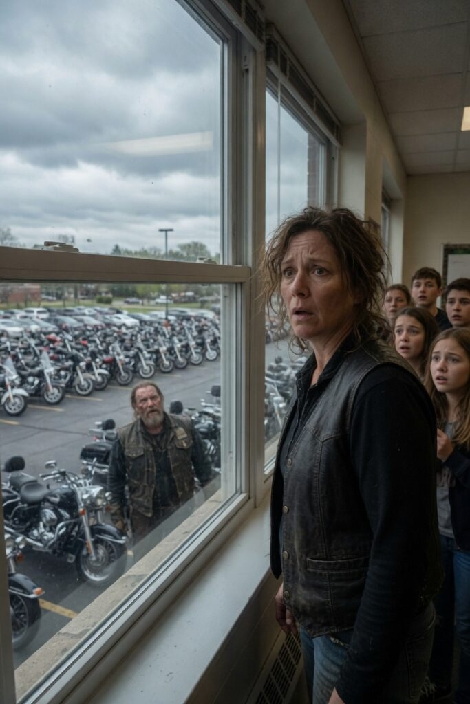 Insegnante osserva motociclisti davanti scuola