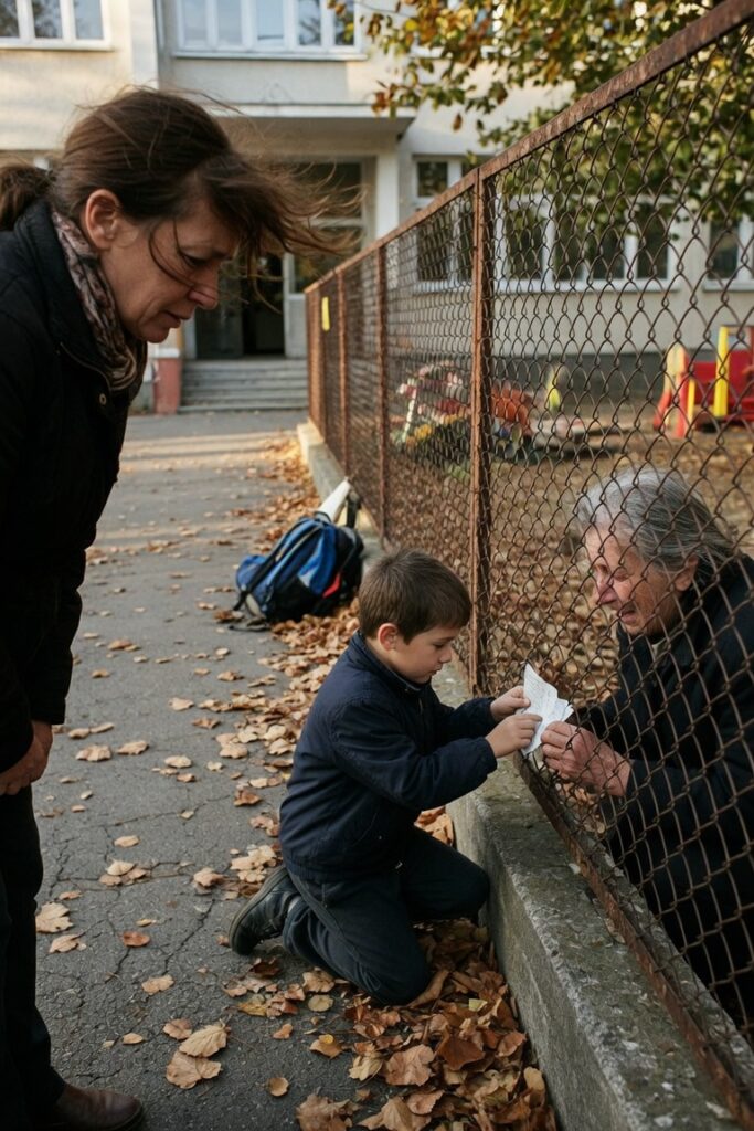 Nonna piange davanti recinzione scolastica