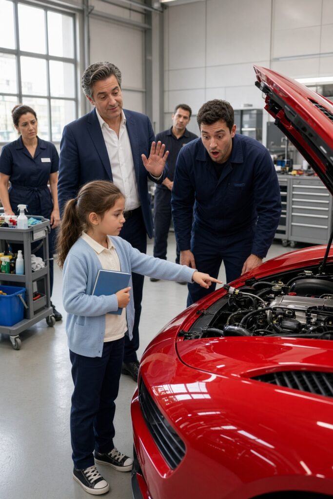 Il proprietario dell’officina umiliò una bambina di 8 anni davanti a tutti, ma quando lei indicò un dettaglio sotto il cofano della Ferrari rossa, nessuno riuscì più a parlare