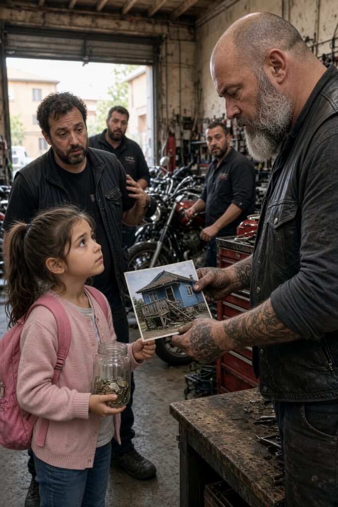 Una bambina di 9 anni entrò in un’officina di motociclisti con poche monete per aiutare la madre: quando videro una targhetta nella foto, tutti rimasero immobili